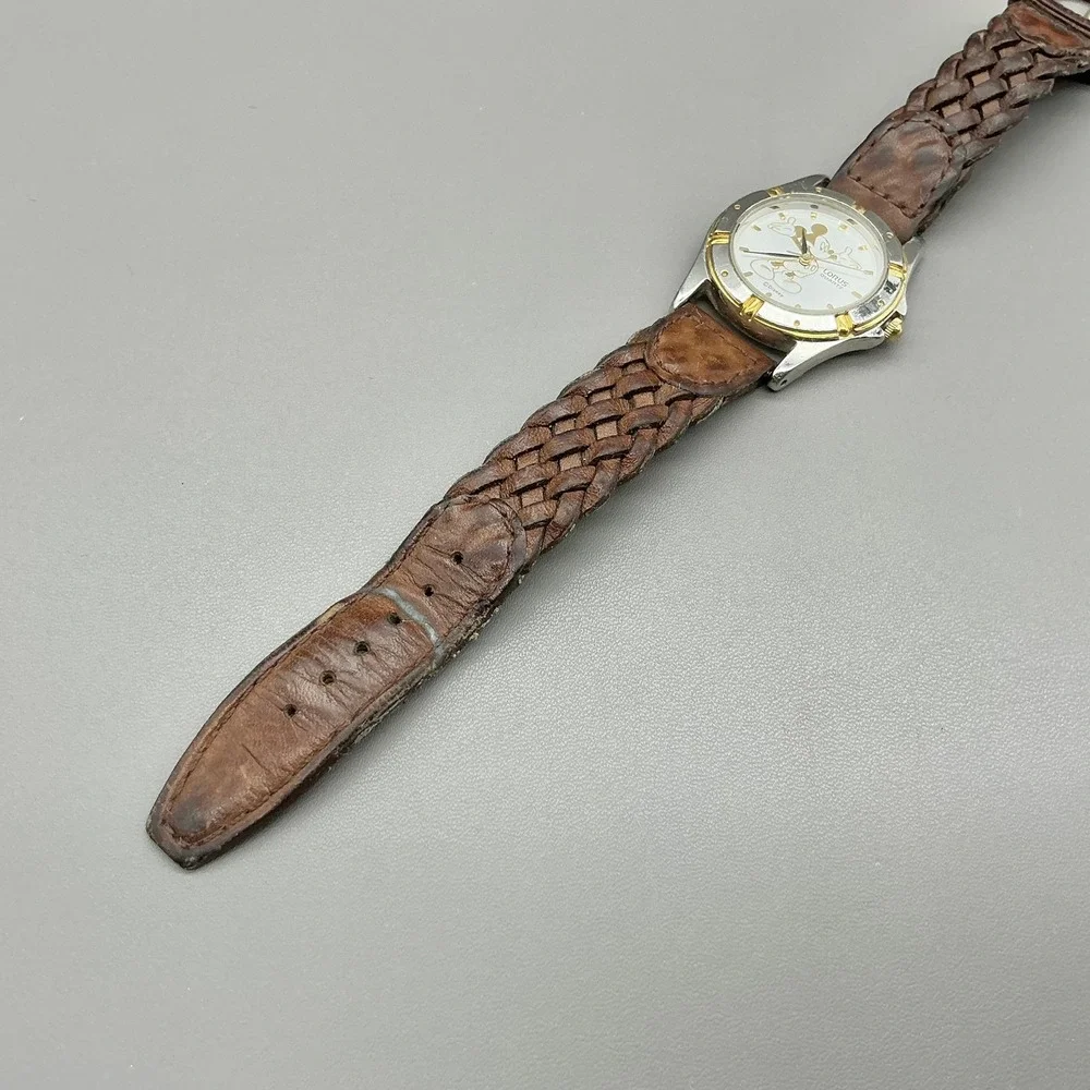 Vintage Lorus Womens Watch White Dial Brown Braided Leather Mickey Mouse Quartz